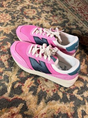 New Balance Pink Retro Mesh & Suede Sneakers with Navy Logo